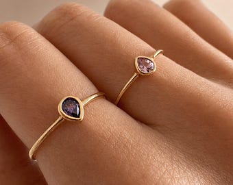 Dainty Purple Teardrop Crystal Gold Ring, 18k Goldplated Pear CZ Simple Minimalist Boho Zircon Everyday Ring, Elegant Feminine Gift for Her
