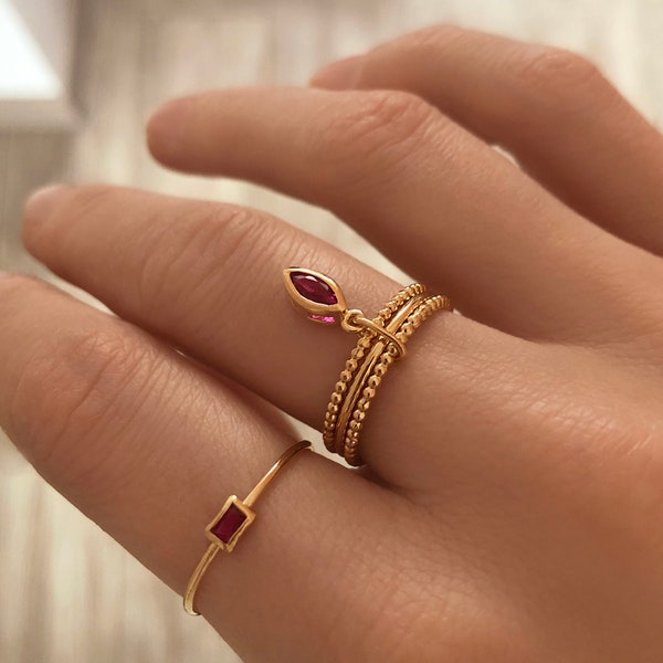 Gold CZ Charm Ring, Triple Elegant Boho Charm Fuchsia Pink or Purple Crystal Ring Gift for Her, Minimalist Everyday Gold Plated Trio Ring