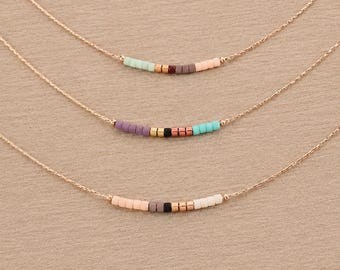Rose Gold Dainty Beaded Necklace, 24k Goldplated Boho Delicate Minimalist Jewelry Short Layering Necklace Gift for Her