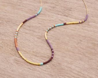 Gold Dainty Multicolor Necklace, 24k Goldplated Minimalist Layering Thin Beaded Chain, Colorful Boho Jewelry with Tiny Beads, Gift for Her