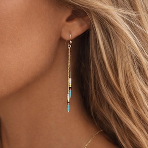 Gold Muticolor Chain Earrings, Colorful Dainty 24k Goldplated Boho Minimalist Gift, Bohemian Beaded Dangling Ear Accessory
