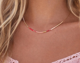 Dainty Pink & Gold Beaded Multicolor Necklace, 24k Goldplated Minimalist Thin Chain Layering Necklace, Colorful Elegant Boho Summer Necklace