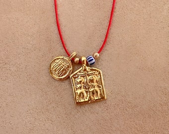 Red Cord Necklace with Indian Medallion, Boho Layering Gold Goddess Amulet Thread Necklace, Bohemian Charm Necklace Gift for Her