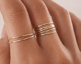 Thin Dainty Gold Hammered Ring, 24k Goldplated Stackable Simple Delicate Ring for Her, Textured Minimalist Everyday Band Stacking Ring