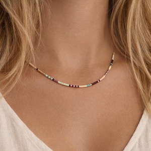 Gold Dainty Multicolor Necklace, 24k Goldplated Boho Minimalist Beaded Chain Layering Necklace, Colorful Summer Jewelry Gift