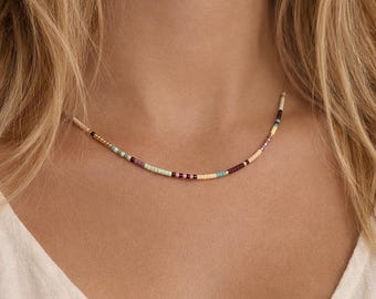 Gold Dainty Multicolor Necklace, 24k Goldplated Boho Minimalist Beaded Chain Layering Necklace, Colorful Summer Jewelry Gift