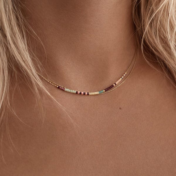 Minimalist Dainty Gold Double Necklace with Tiny Multicolor Beads, 24k Goldplated Boho Delicate Beaded Chain Necklace Gift for Her