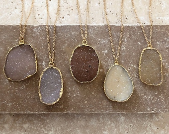 Natural Druzy Agate Necklace, Beautiful Gold Boho Organic Drusy Gemstone Necklace, Sparkly Raw Stone Pendant Necklace