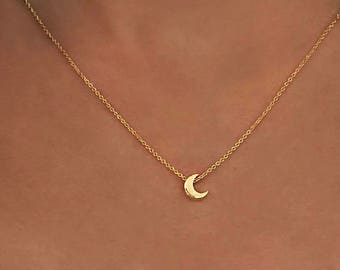 Teeny Tiny Dainty Moon Necklace / Gold Minimalist Delicate Short Necklace with Small Crescent Charm / Thin Simple Boho Layering Choker