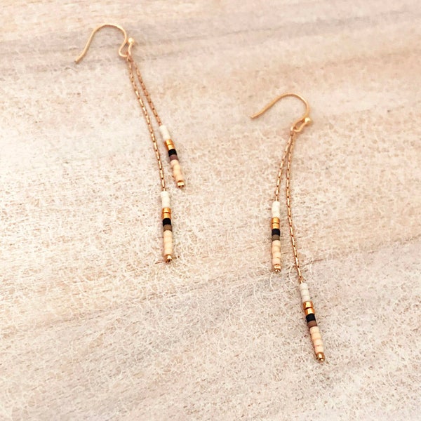 Rose Gold Beaded Chain Earrings, Boho Minimalist Dainty Gift for Her, Multicolor Dangling Ear Rings