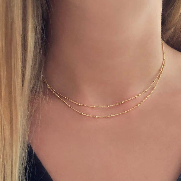 Delicate Gold Double Chain Necklace, Elegant Minimalist Layering Choker Necklace, Simple Classic Dainty Layered Short Necklace