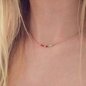 Minimalist Gold Delicate Short Necklace with Tiny Beads, Dainty Thin Beaded Chain Layering Necklace, Colorful & Simple Boho Necklace Mint & Red