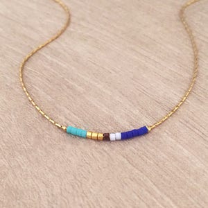 Minimalist Gold Delicate Short Necklace with Tiny Beads, Dainty Thin Beaded Chain Layering Necklace, Colorful & Simple Boho Necklace Navy & Turquoise