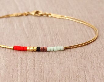 Minimalist Delicate Gold Bracelet with Red & Mint Beads, Thin Tiny Double Beaded Chain Bracelet, Multicolor Boho Friendship Bracelet