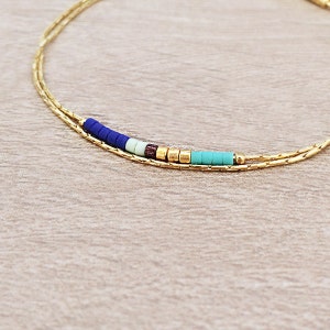 Minimalist Delicate Gold Bracelet with Navy Blue & Turquoise Beads, Dainty Tiny Beaded Bracelet, Multicolor Boho Friendship Bracelet