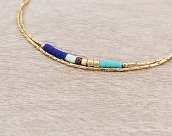 Minimalist Delicate Gold Bracelet with Navy Blue & Turquoise Beads, Dainty Tiny Beaded Bracelet, Multicolor Boho Friendship Bracelet