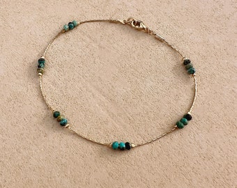 Minimalist Turquoise Bead Bracelet, Gold December Birthstone Beaded Chain Bracelet, Blue Gemstone Elegant Jewelry Gift for Her