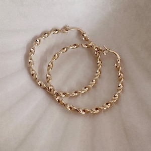 Large Gold Twisted Hoops, Vintage Inspired Boho Round Hoop Earrings, Dainty Classic Minimalist Creoles Gift for Her