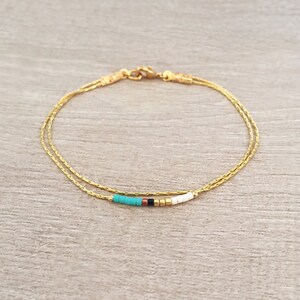 Minimalist Delicate Gold Bracelet with Turquoise, Pink or Mint Beads, Thin Beaded Double Bracelet, Multicolor Boho Friendship Bracelet