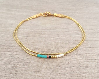 Minimalist Delicate Gold Bracelet with Turquoise, Pink or Mint Beads, Thin Beaded Double Bracelet, Multicolor Boho Friendship Bracelet