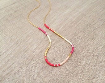 Dainty Pink & Gold Beaded Multicolor Necklace, Minimalist Thin Chain Layering Necklace, Colorful Short Boho Summer Necklace