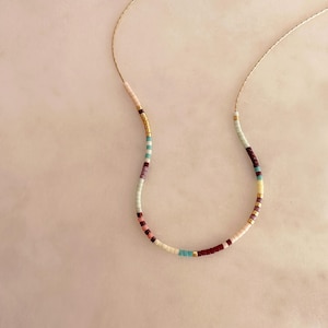 Dainty Beaded Multicolor Gold Necklace, Boho Minimalist Layering Gift, Delicate Colorful Original Summer Jewelry Gift for Her