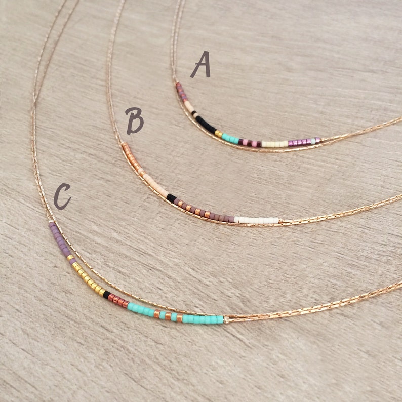 Rose Gold Dainty Double Chain Necklace, Minimalist Delicate Multicolor Beaded Necklace, Thin Layering Boho Bridesmaids Gift image 4