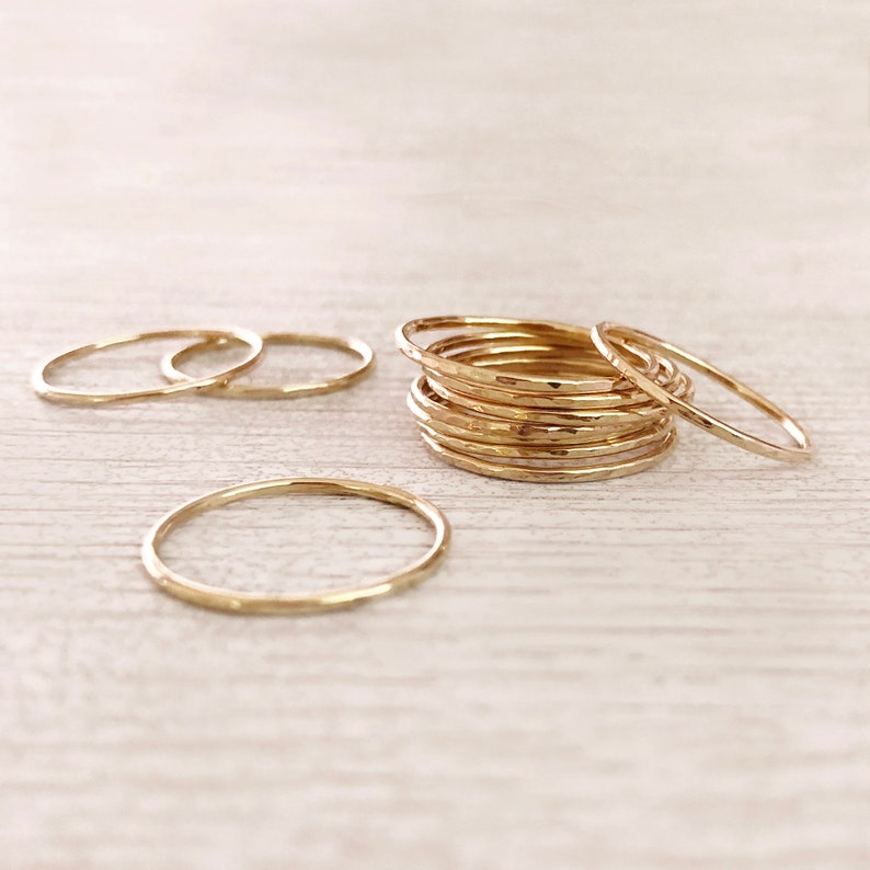 Thin Dainty Gold Hammered Ring, Stackable Simple Delicate Ring for Her, Textured Minimalist Everyday Band Stacking Ring image 5