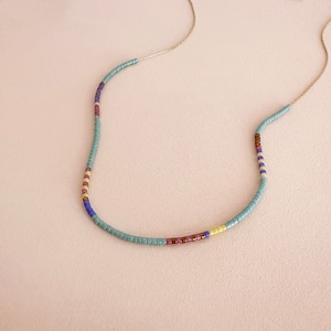 Gold Dainty Minimalist Beaded Multicolor Necklace, Boho Layering Necklace, Colorful Summer Bohemian Jewelry Gift for Her