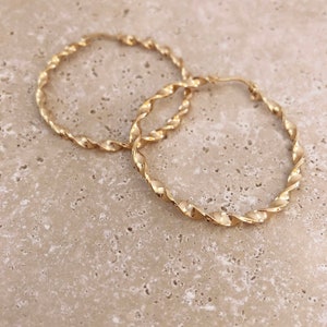 Large Gold Twisted Hoops, Vintage Inspired Boho Round Hoop Earrings, Dainty Classic Minimalist Creoles Gift for Her