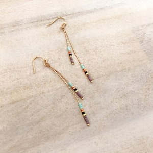Rose Gold Minimalist Chain Earrings, 24k Goldplated Multicolor Beaded Elegant Dainty Jewelry Gift, Delicate Chain Boho Dangle Earrings