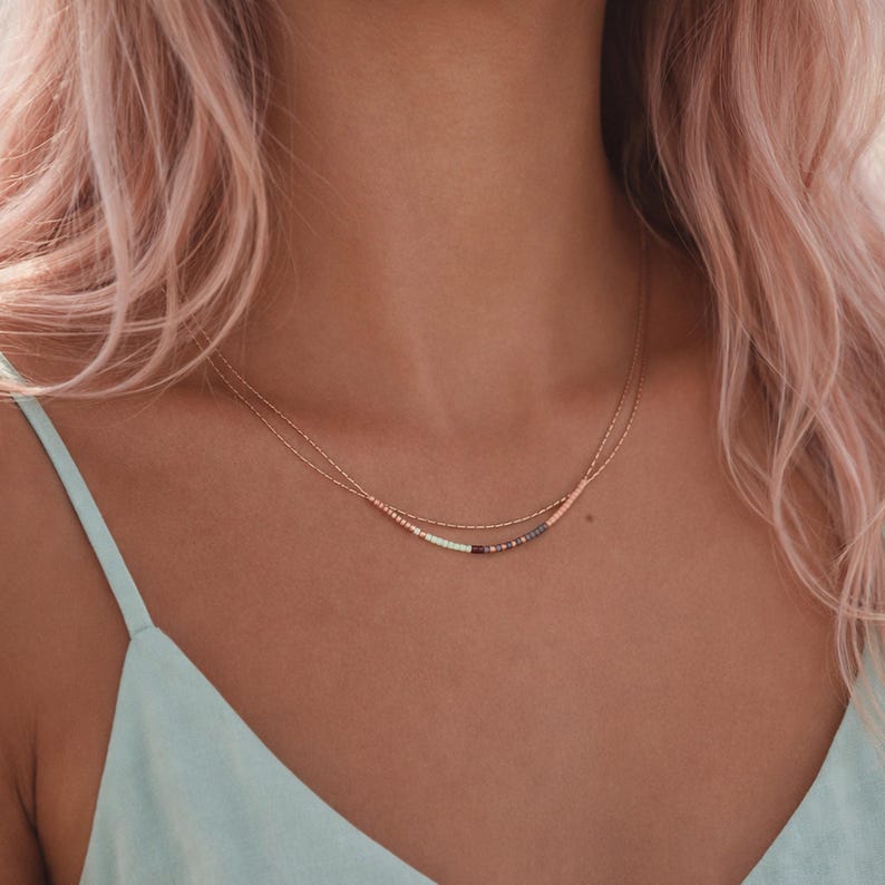 Rose Gold Delicate Necklace with Tiny Beads, Mint Green Elegant Minimalist Dainty Layering Double Chain Jewelry image 1