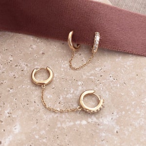 Gold CZ Chained Double Hoop Earrings, Cristal Boho Zircon Earring, Sparkly Curated Ear Stacking Accessory
