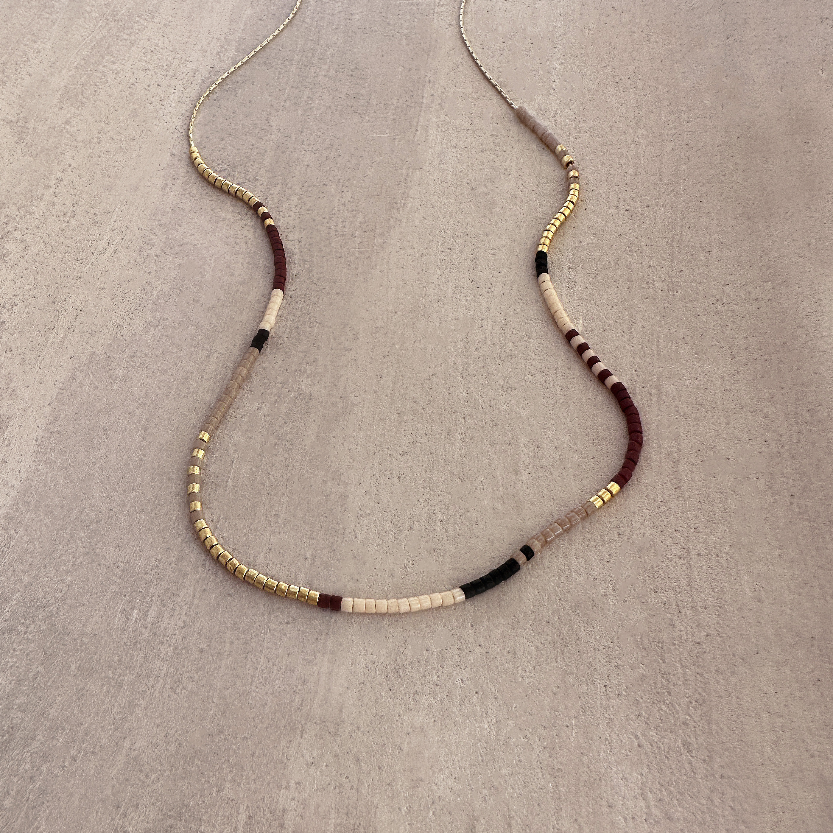 Boho Dainty Minimalist Beaded Necklace, Taupe Brown Gold Peach Multicolor Layering Necklace, Colorful Bohemian Summer Festival Jewelry
