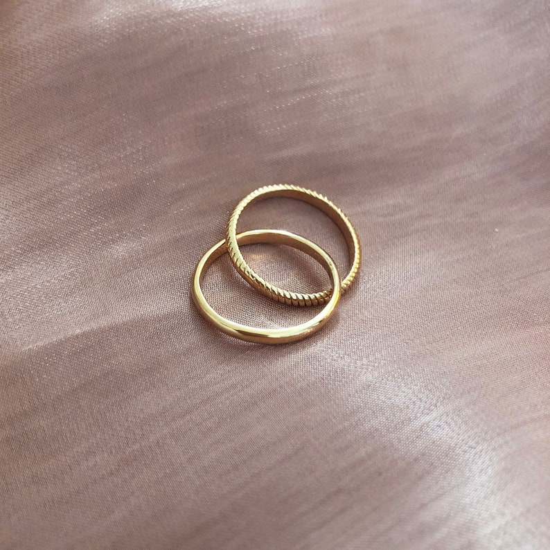 Gold Double Twin Rings, Two Interlocked Connected Dainty Rings, Stackable Interlocking Simple Ring for Her, Overlapping Stacking Ring Set image 1