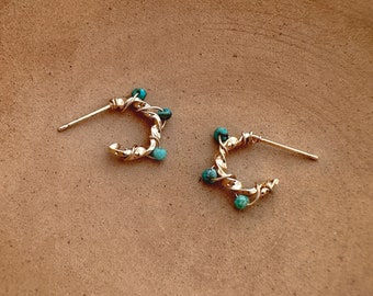 Gold Turquoise Hoop Earrings, Gemstone Beaded Boho Elegant Dainty Gift for Her, Delicate Blue Stone Hoops