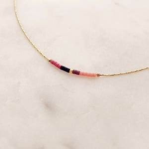 Thin Minimalist Gold Necklace with Tiny Beads, Delicate Dainty Short Layering Necklace, Colorful Simple Boho Necklace Lovely Gift for Her Mauve & Pastel Pink