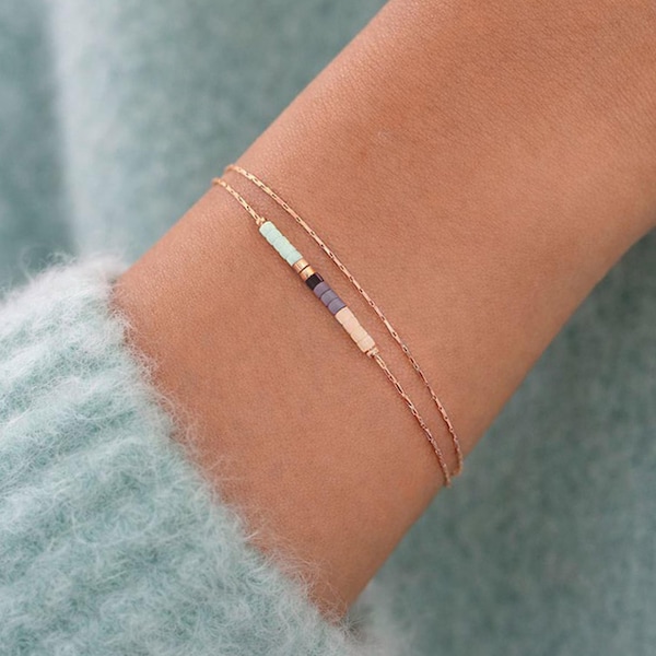 Delicate Rose Gold Bracelet with Tiny Beads, 24k Goldplated Minimalist Dainty & Colorful Beaded Multicolor Double Chain Stacking Jewelry