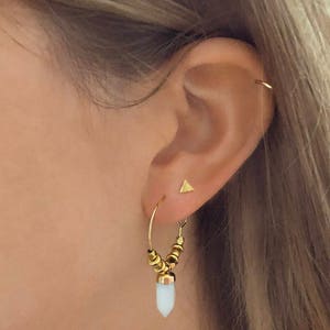 Labradorite Gold Hoop Earrings, Boho Grey Blue & Green Gemstone Round Earrings, Bohemian Trendy Hoops Modern Earrings with Gem Stones image 4