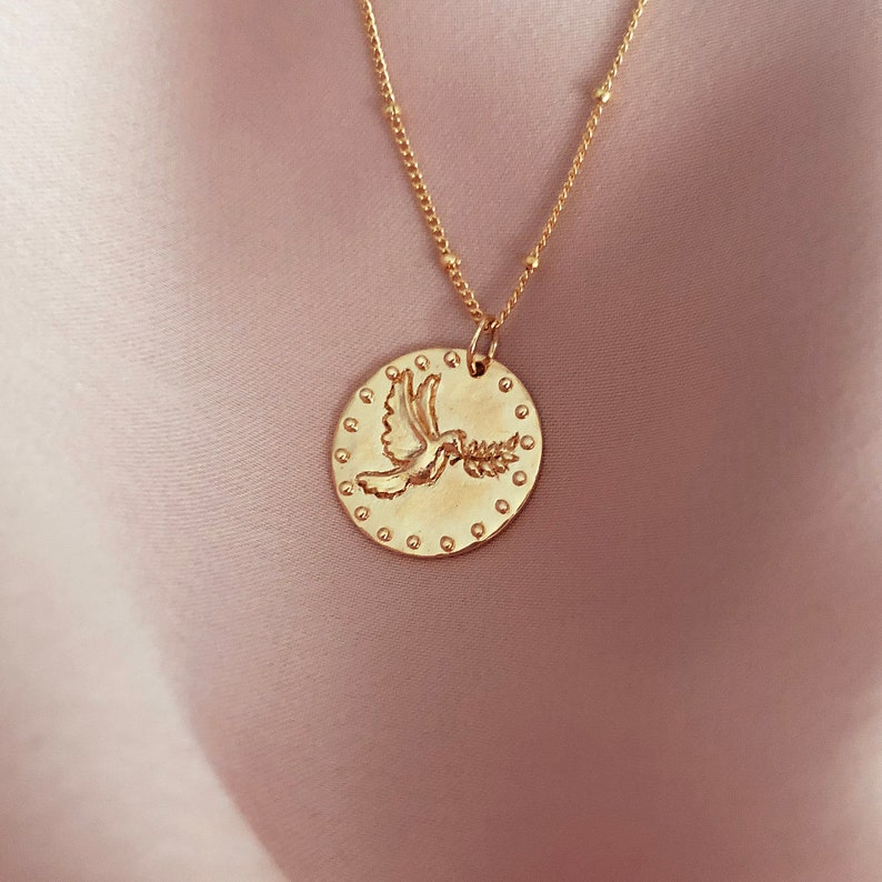 Gold Medal Peace Dove Coin Necklace, Minimalist Boho Layering Disc Necklace, Bird Pendant Bohemian Summer Necklace image 3
