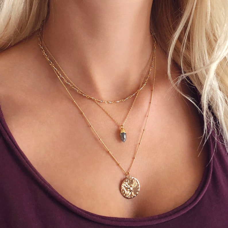 Dainty Mini Gemstone Point Necklace Minimalist Labradorite Birthstone Layering Necklace Elegant Moonstone Layered Crystal Gift Necklace