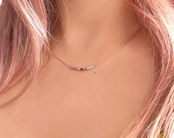 Dainty Beaded Rose Gold Chain Necklace,  Delicate Short Minimalist Jewelry, Colorful Simple Boho Necklace Elegant Gift for Her