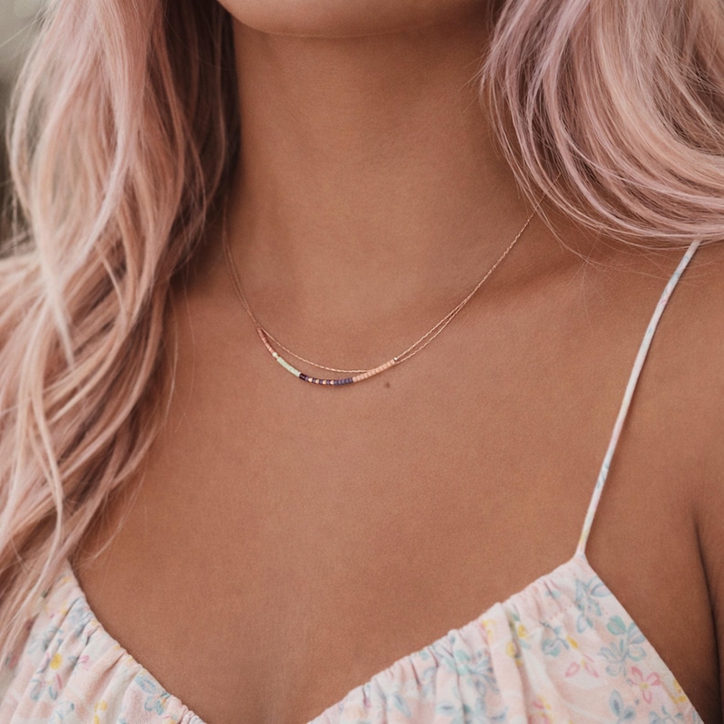 Rose Gold Delicate Necklace with Tiny Beads, Mint Green Elegant Minimalist Dainty Layering Double Chain Jewelry image 5