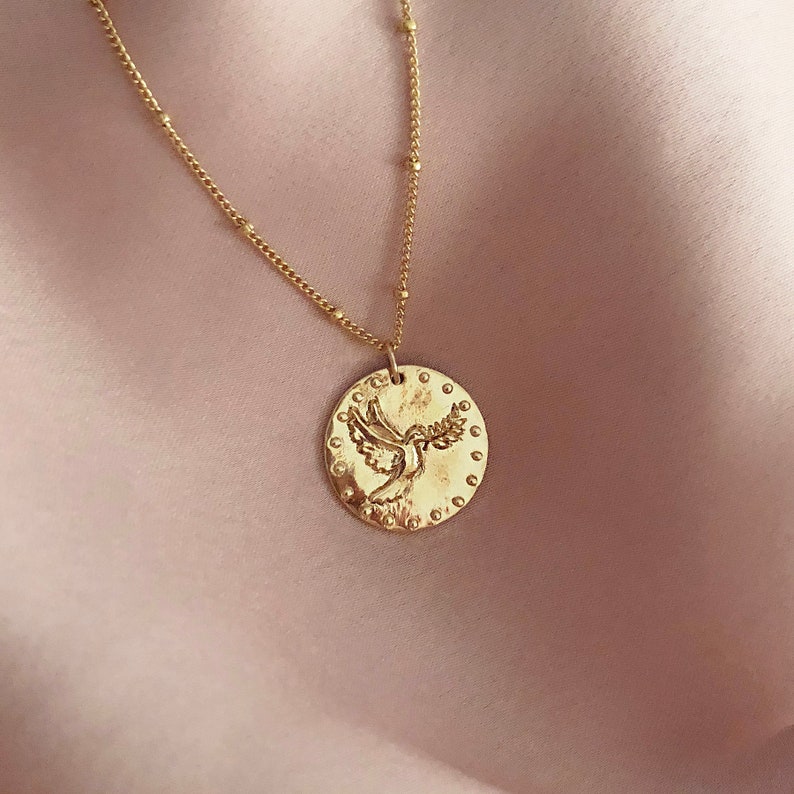 Gold Medal Peace Dove Coin Necklace, Minimalist Boho Layering Disc Necklace, Bird Pendant Bohemian Summer Necklace image 10
