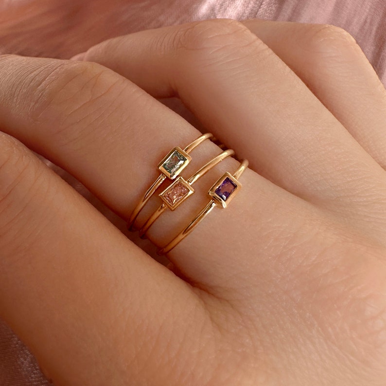 Thin Dainty Gold Baguette Ring with Tiny Crystal, Sparkly Simple Delicate Ring for Her, Pink Stone Minimalist Elegant Gift for Her image 7