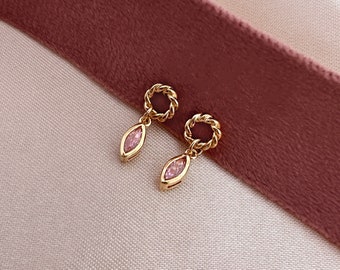 Gold CZ Boho Pink Dangle Stud Earrings, Elegant Dainty Zircon Studs Dangling Earring, Minimalist Bohemian Ear Accessory