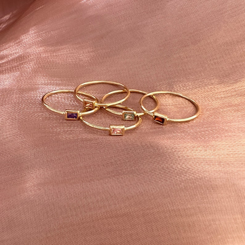 Thin Dainty Gold Baguette Ring with Tiny Crystal, Sparkly Simple Delicate Ring for Her, Pink Stone Minimalist Elegant Gift for Her image 2