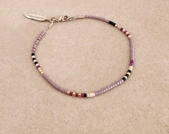 Dainty Boho Multicolor Gold Neutral Brown Bracelet with Feather Charm, 24k Goldplated Minimalist Beaded Colorful Summer Friendship Gift