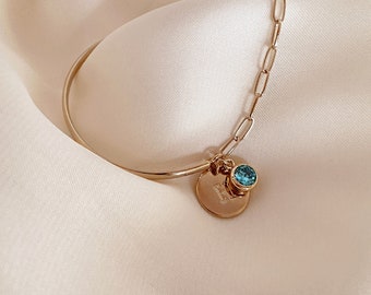 Gold Initial Medal Chain Bracelet with Turquoise Blue Zircon, Personalized Crystal Cuff Boho Letter Charm, Customized Jewelry Gift for Her