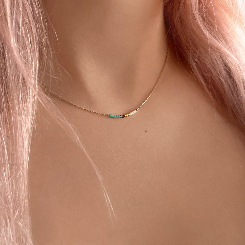 Minimalist Gold Delicate Necklace with Tiny Beads, Dainty Thin Short Layering Necklace, Colorful & Simple Beaded Boho Gift for Her Turquoise & Gold